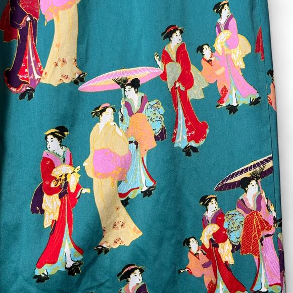 NATORI Geisha Print Satin Pajama Lounge Pants Teal Pink Asian Inspired Womens XL - Picture 6 of 11